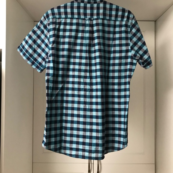 Izod Saltwater 100% Cotton Chambray Turquoise & Navy Checker US M Short Sleeve - Picture 5 of 6